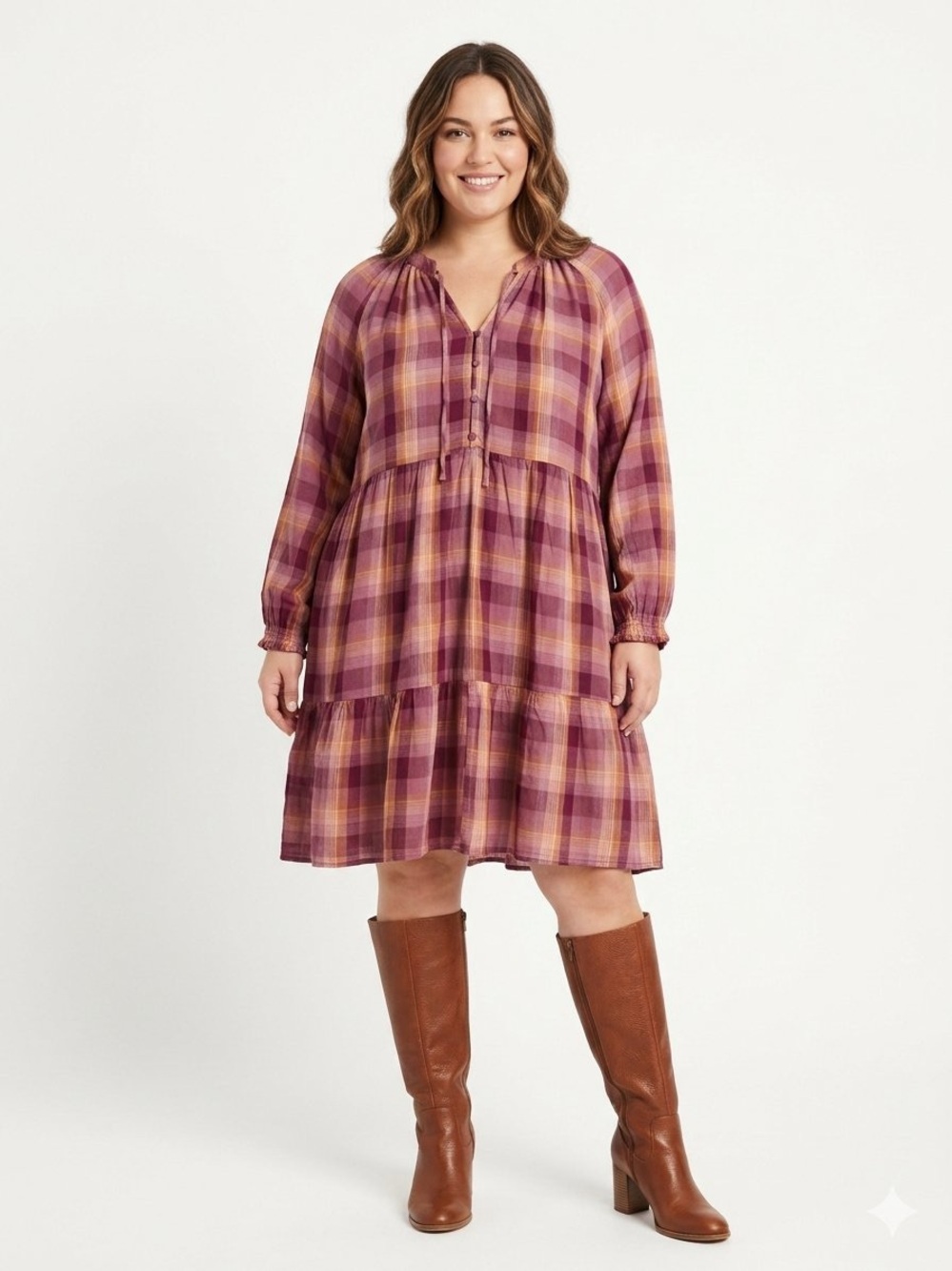 Terra & Sky Plaid Mini Peasant Dress Size 1X (16W-18W) Fall Cottagecore